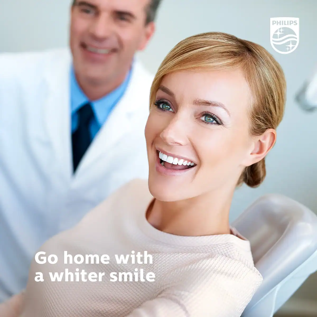 A woman smiling at the camera, her dentist in the background. The text says "Go home with a whiter smile"