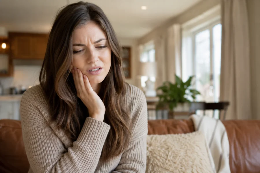 Woman holding her jaw in pain at home in Rexburg ID experiencing root canal symptoms at Strobel Family Dental